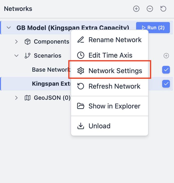 Network settings menu in Networks Viewer