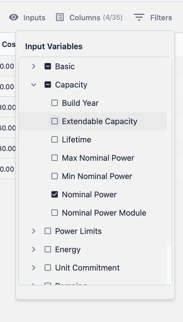 Column visibility controls