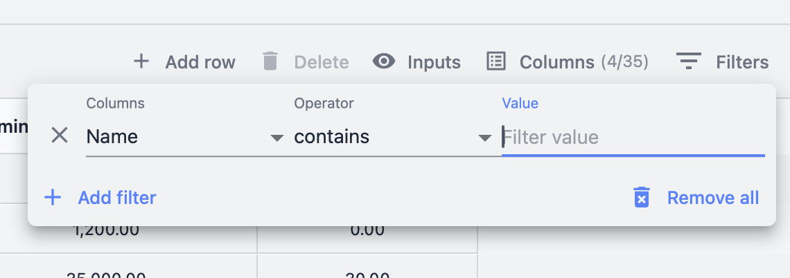 Table filtering interface