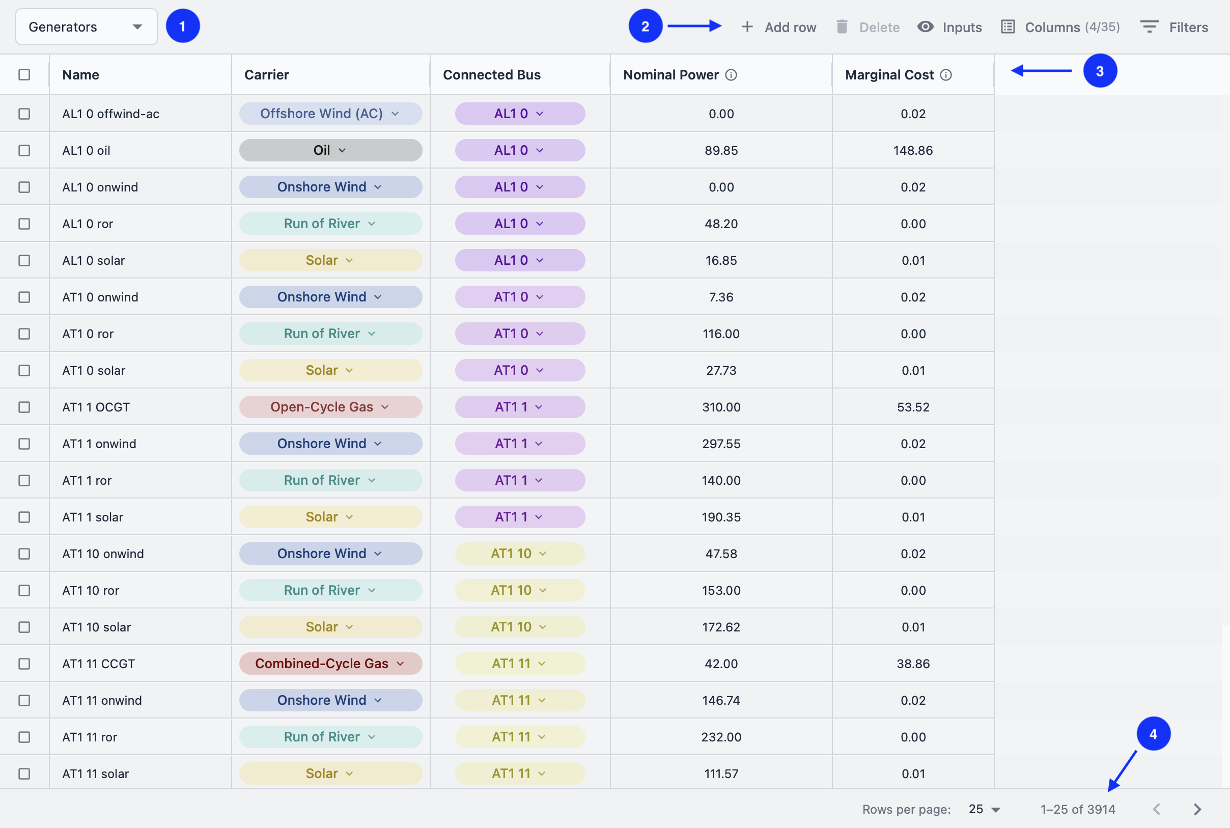 Tables view interface components